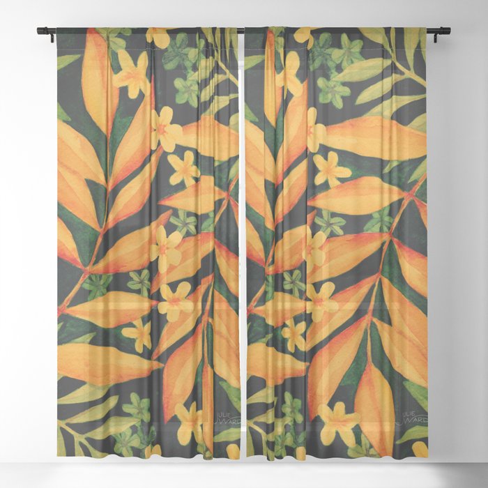 Watercolor Leaves & Flowers - Orange & Green Sheer Curtain