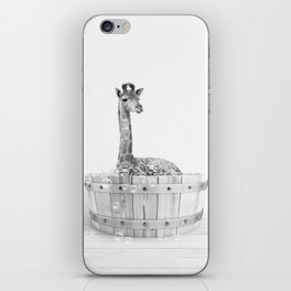 Giraffe in a Wooden Bathtub, Black and White, Bathtub Animal Art Print By Synplus iPhone Skin