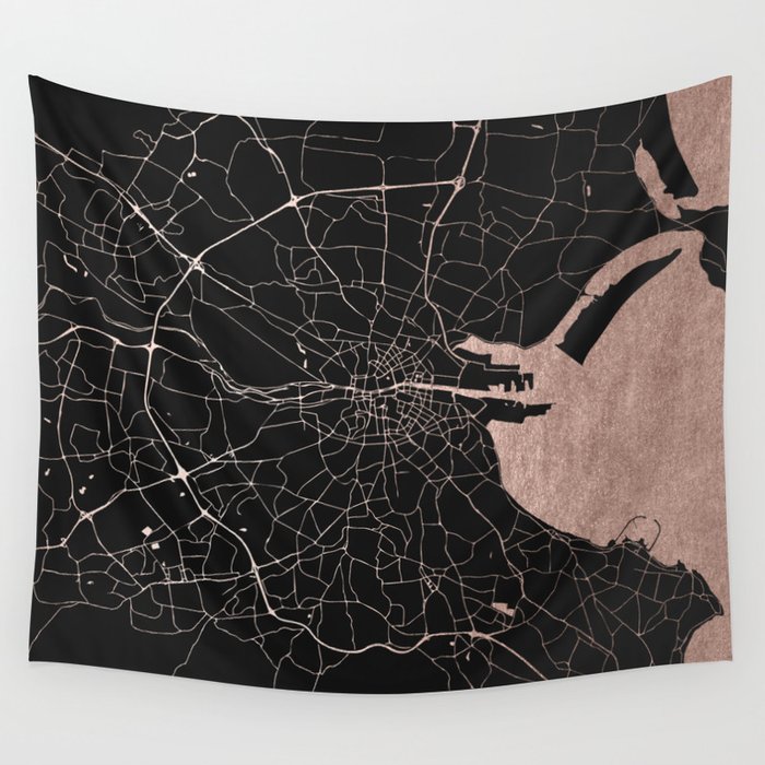 Black on Rosegold Dublin Street Map Wall Tapestry