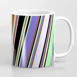 [ Thumbnail: Eyecatching Slate Blue, Brown, Lavender, Black & Green Colored Stripes Pattern Coffee Mug ]