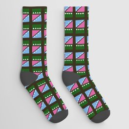 Modern, abstract ethnic geometric seamless-pattern in green light blue, black, white Socks