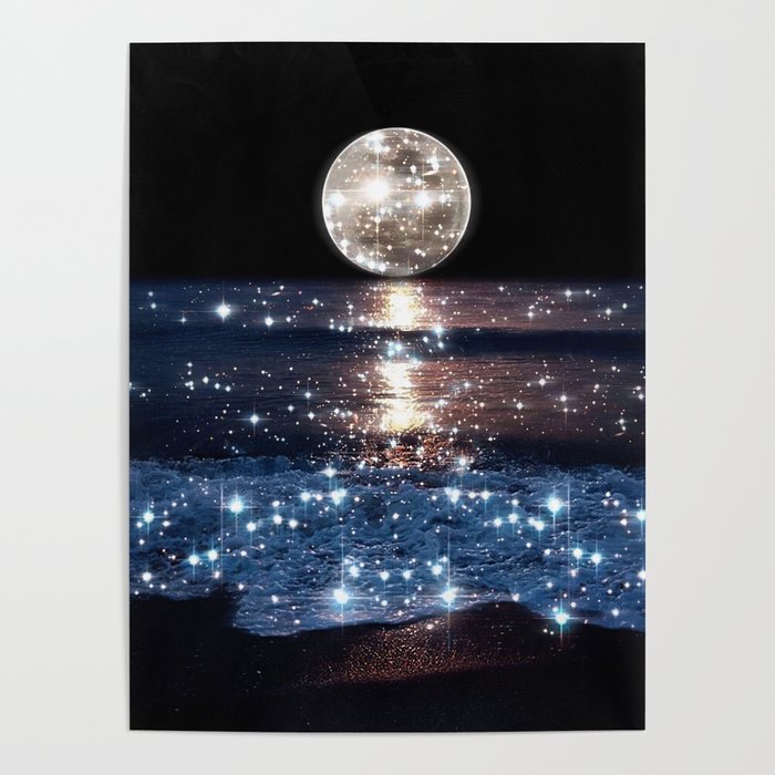 SUNSET | magical | stars | moon | night | waves | moon | sky | beach | ocean | sea | blue | bling  Poster