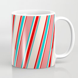 [ Thumbnail: Light Coral, Dark Turquoise, Beige & Red Colored Lines/Stripes Pattern Coffee Mug ]