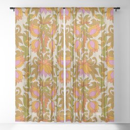 Orange, Pink Flowers and Green Leaves 1960s Retro Vintage Pattern Sheer Curtain