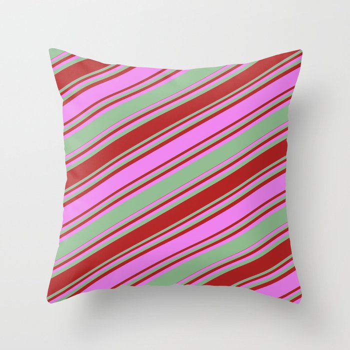 Dark Sea Green, Red, and Violet Colored Stripes Pattern Throw Pillow