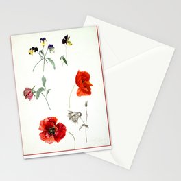 Flowers Drawings Blumen-Botanical Josef Lauer Watercolor Botanical Illustration of Red Poppy Blossoms, Stationery Card