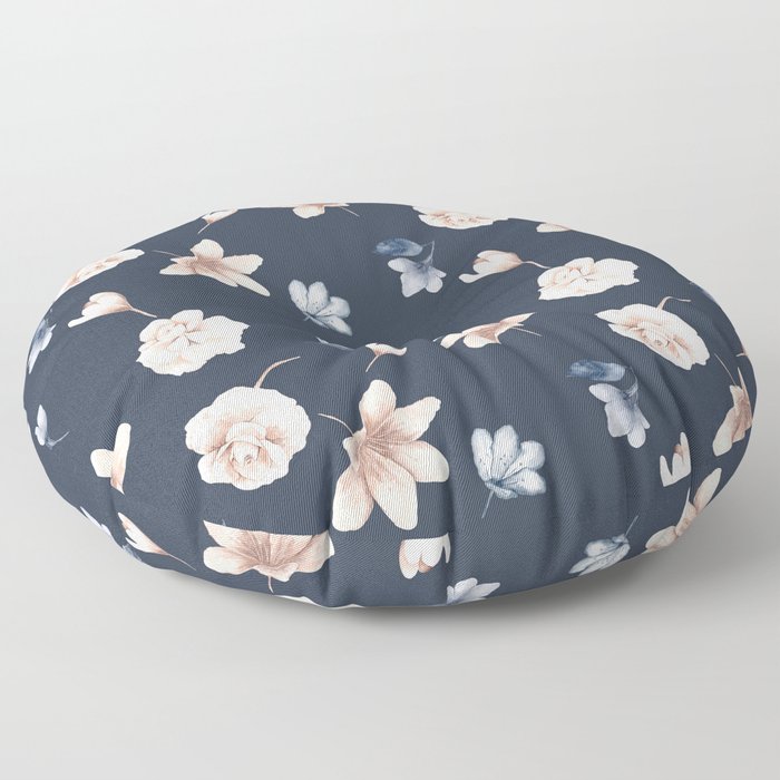 Navy Blue Floral Watercolor Pattern Floor Pillow