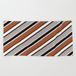 [ Thumbnail: Dark Gray, White, Sienna & Black Colored Pattern of Stripes Beach Towel ]