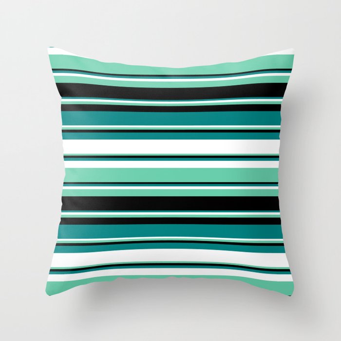 Teal, White, Aquamarine & Black Colored Lined Pattern Throw Pillow