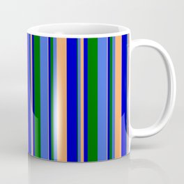 [ Thumbnail: Brown, Blue, Dark Green, and Royal Blue Colored Lines Pattern Coffee Mug ]