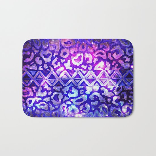 TRIBAL LEOPARD GALAXY Animal Print Aztec Native Pattern Geometric Purple Blue Ombre Space Galactic Bath Mat