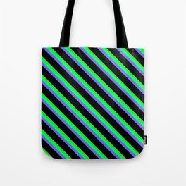 [ Thumbnail: Eye-catching Tan, Lime, Green, Medium Slate Blue & Black Colored Striped/Lined Pattern Tote Bag ]