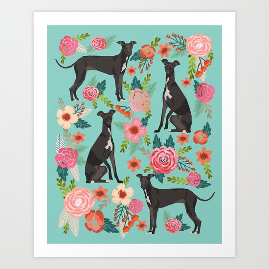 Italian Greyhound pet portraits by pet friendly dog with florals pattern Art Print