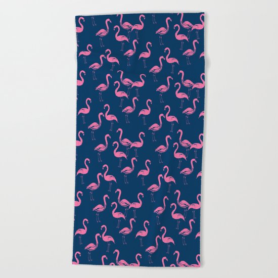 Flamingo modern watercolor girly cute navy blue pastel pink case tropical island summer animal Beach Towel