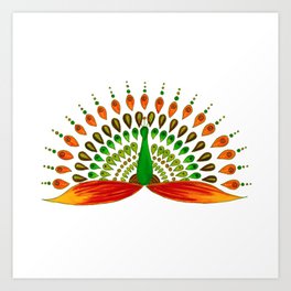 Mandala peacock - orange and green Art Print