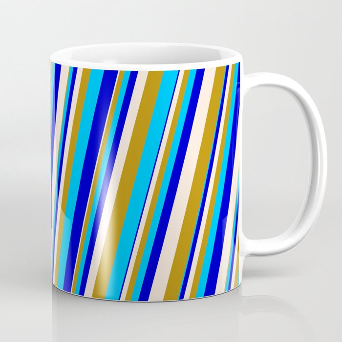 Beige, Dark Goldenrod, Deep Sky Blue & Blue Colored Stripes Pattern Coffee Mug