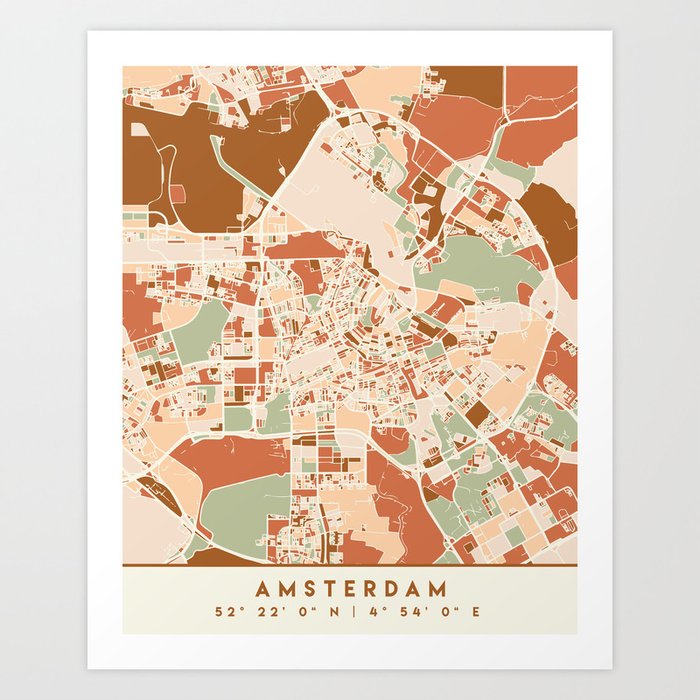 AMSTERDAM HOLLAND CITY MAP EARTH TONES Art Print