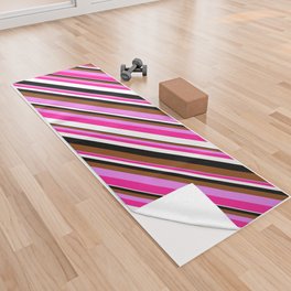 [ Thumbnail: Vibrant Brown, Violet, Deep Pink, White, and Black Colored Striped Pattern Yoga Towel ]