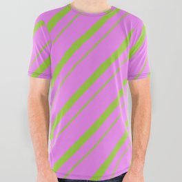 [ Thumbnail: Violet and Green Colored Lines/Stripes Pattern All Over Graphic Tee ]
