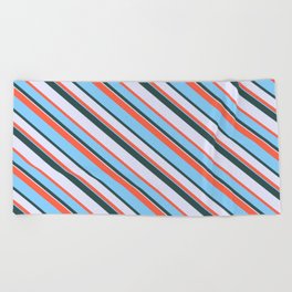 [ Thumbnail: Red, Light Sky Blue, Dark Slate Gray, and Lavender Colored Pattern of Stripes Beach Towel ]