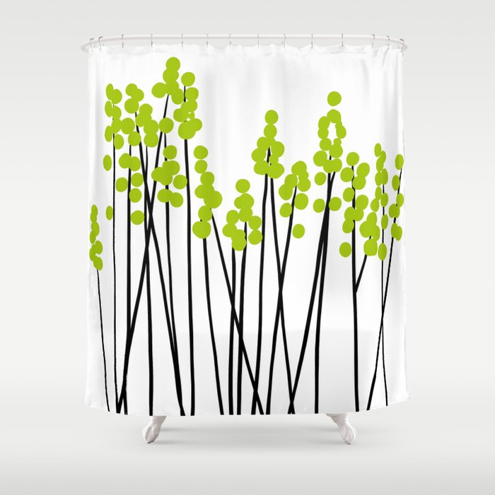 Hello Spring! Green/Black Retro Plants on White #decor #society6 #buyart Shower Curtain