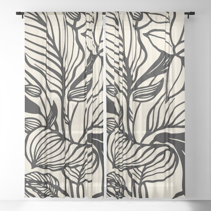 Geometric Floral Abstract Pattern in Black and White Cream Line Drawing Sheer Curtain
