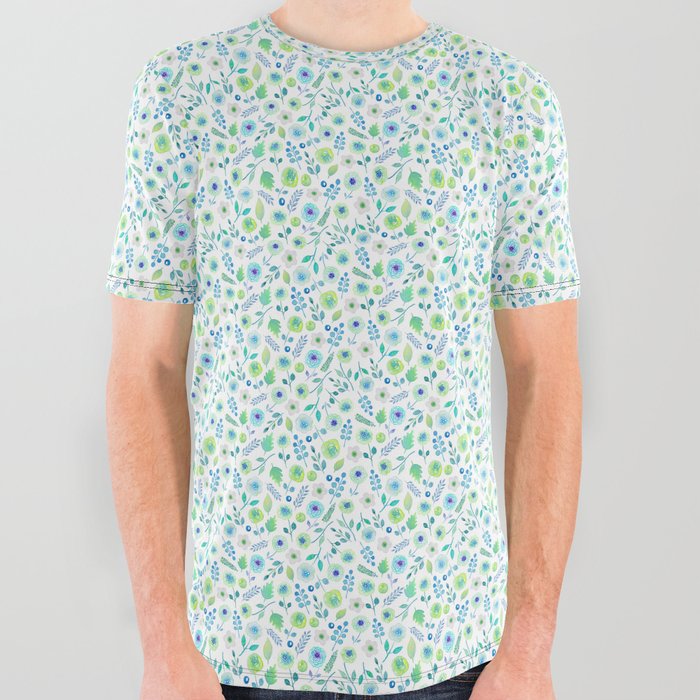 Abstract and Loose Watercolor Florals (Blue Green) All Over Graphic Tee