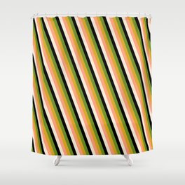 [ Thumbnail: Vibrant Light Salmon, Beige, Black, Green, and Goldenrod Colored Lines/Stripes Pattern Shower Curtain ]
