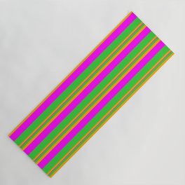 [ Thumbnail: Lime Green, Orange, and Fuchsia Colored Lined Pattern Yoga Mat ]