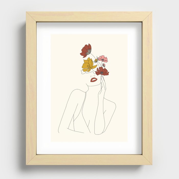 Colorful Thoughts Minimal Line Art Woman with Flowers Recessed Framed Print