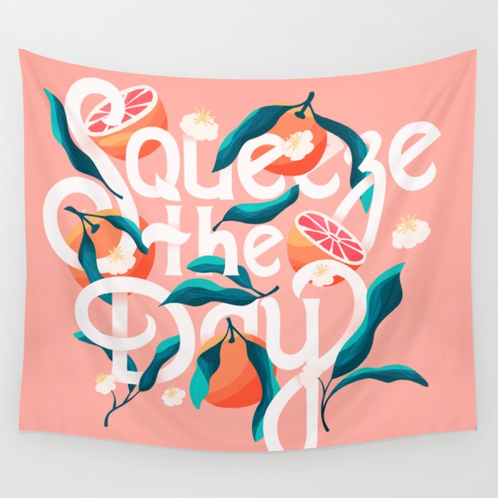 Squeeze The Day Lettering Illustration With Oranges VECTOR Wall Tapestry