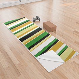 [ Thumbnail: Colorful Goldenrod, Tan, Black, Forest Green & White Colored Stripes Pattern Yoga Towel ]