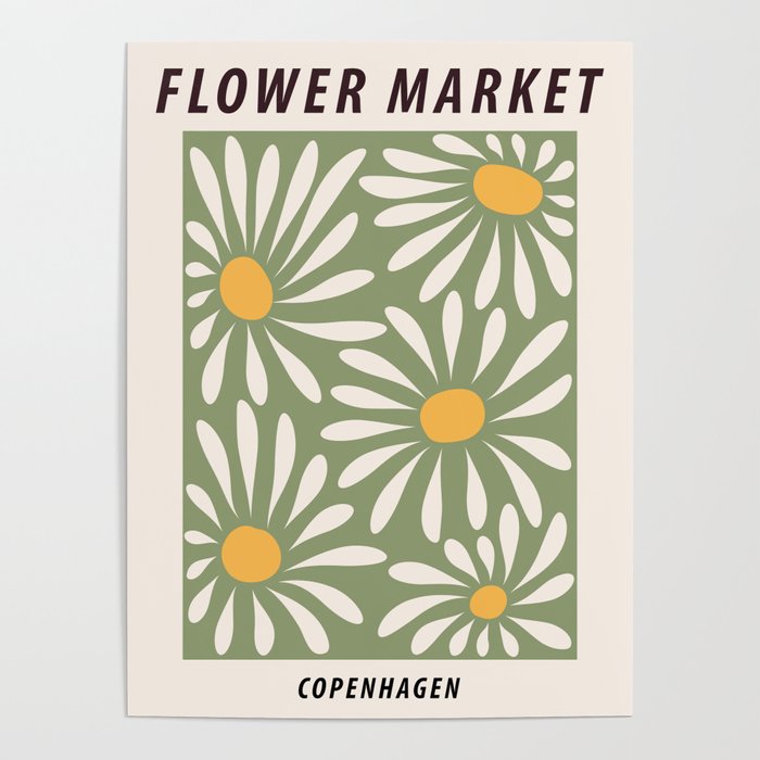 Flower market poster, Copenhagen, Posters aesthetic, Flower art, Chamomile,  Daisy art print, Floral art Poster by Kristinity Art