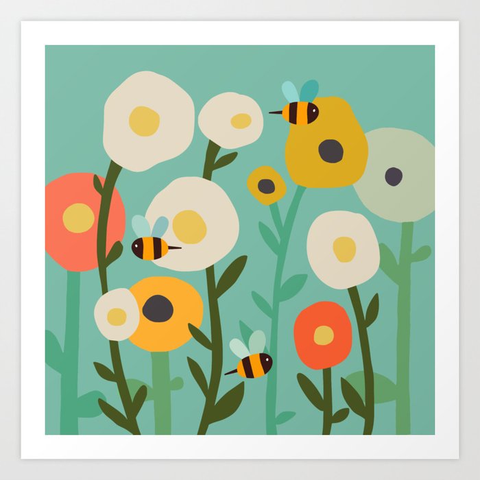 abstract flower garden- whimsical retro flowers with bees- on blue Art Print