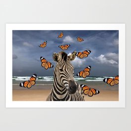 zebra with orange butterflies on beach Art Print