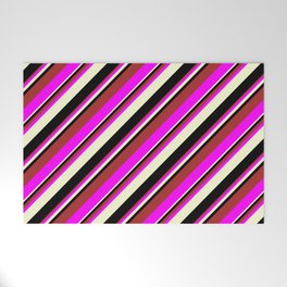 [ Thumbnail: Brown, Fuchsia, Light Yellow, and Black Colored Lines Pattern Welcome Mat ]