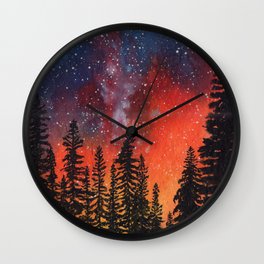 Colorful night sky and pine forest Wall Clock