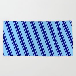 [ Thumbnail: Light Sky Blue & Blue Colored Stripes/Lines Pattern Beach Towel ]