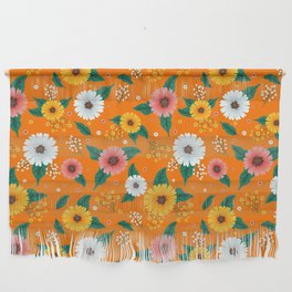Colorful Spring Flowers Pattern in Orange Background Wall Hanging