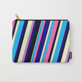 [ Thumbnail: Vibrant Deep Sky Blue, Hot Pink, Dark Blue, Black, and Light Yellow Colored Lines/Stripes Pattern Carry-All Pouch ]