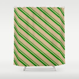 [ Thumbnail: Green & Tan Colored Pattern of Stripes Shower Curtain ]