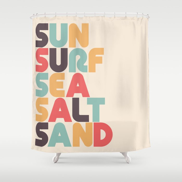 Sun Surf Sea Salt Sand Typography - Retro Rainbow Shower Curtain