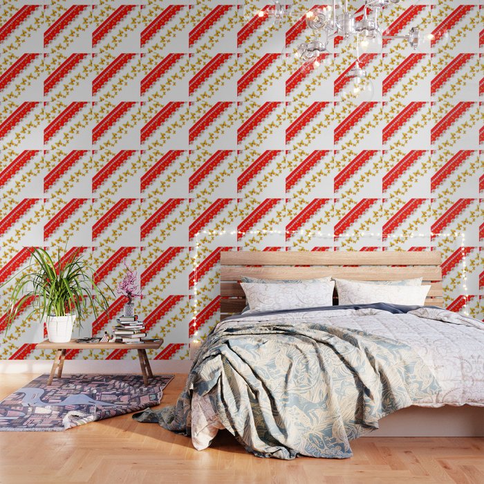 RED MODERN ART YELLOW BUTTERFLIES & WHITE DAISIES Wallpaper