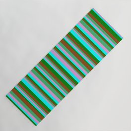 [ Thumbnail: Eye-catching Brown, Green, Cyan, Plum, and Sea Green Colored Stripes Pattern Yoga Mat ]