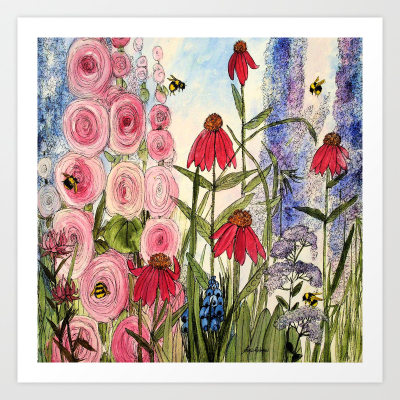 Cottage Garden Flower Whimsical Acrylic Painting Art Print By