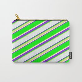 [ Thumbnail: Lime, Tan, Mint Cream & Purple Colored Lined Pattern Carry-All Pouch ]