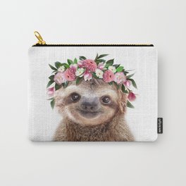 Baby Sloth with Flower Crown, Baby Girl, Pink Nursery, Baby Animals Art Print by Synplus Carry-All Pouch