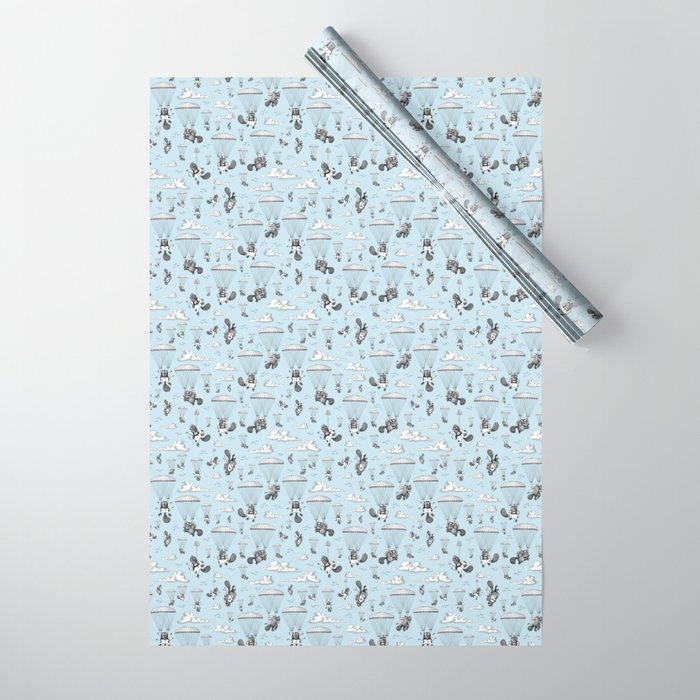 Parachuting Beavers - Blue & White Wrapping Paper