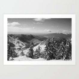 Snowy Mountains Art Print | Woods, Forest, Photo, Mountains, Landscape, Hiking, Cold, Blackandwhite, Trees, Evergreen 
