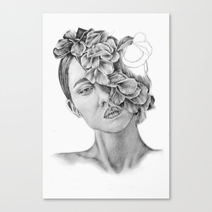 Art - Pencil drawing - Illustration - portrait - model -Flowers - Gift -  wall decor Canvas Print